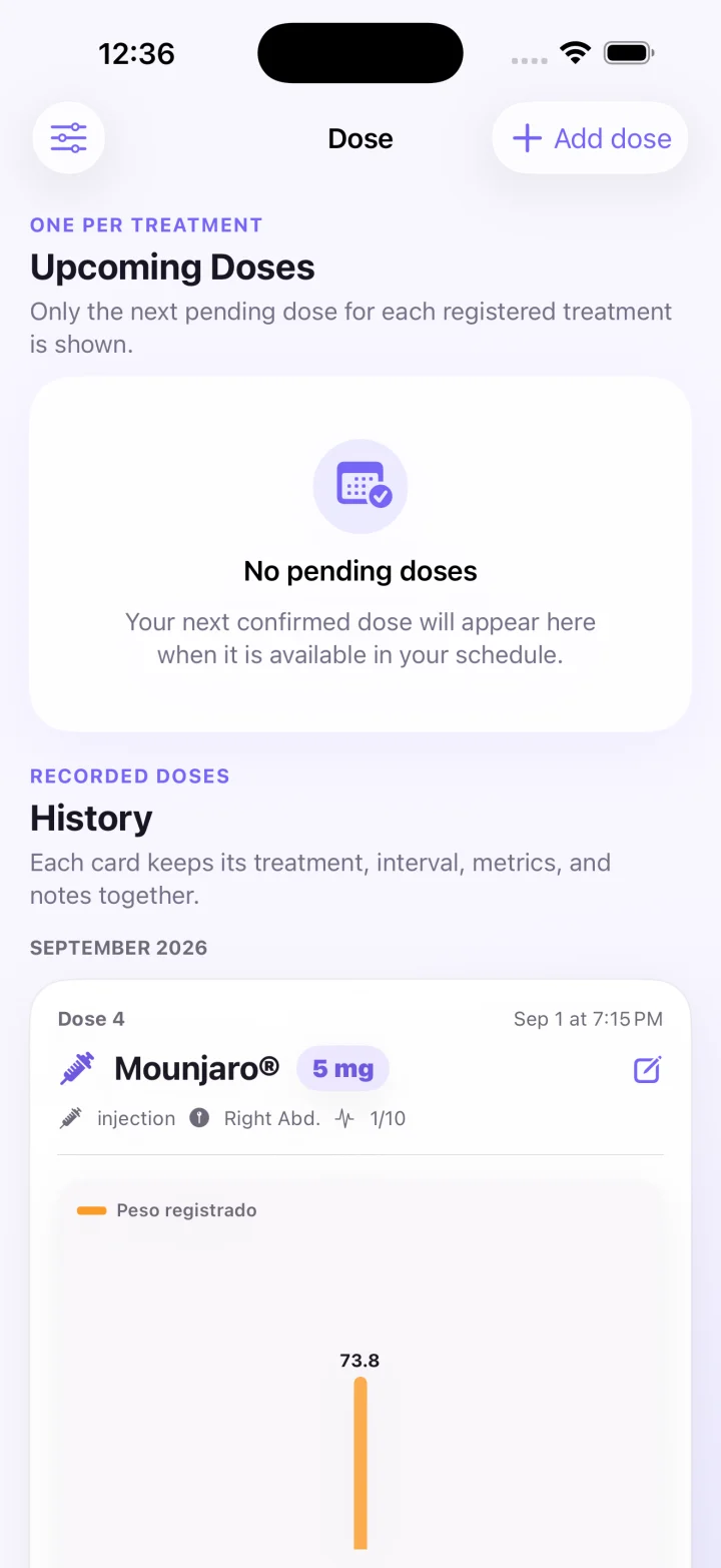 Real app capture of dose history with sample records