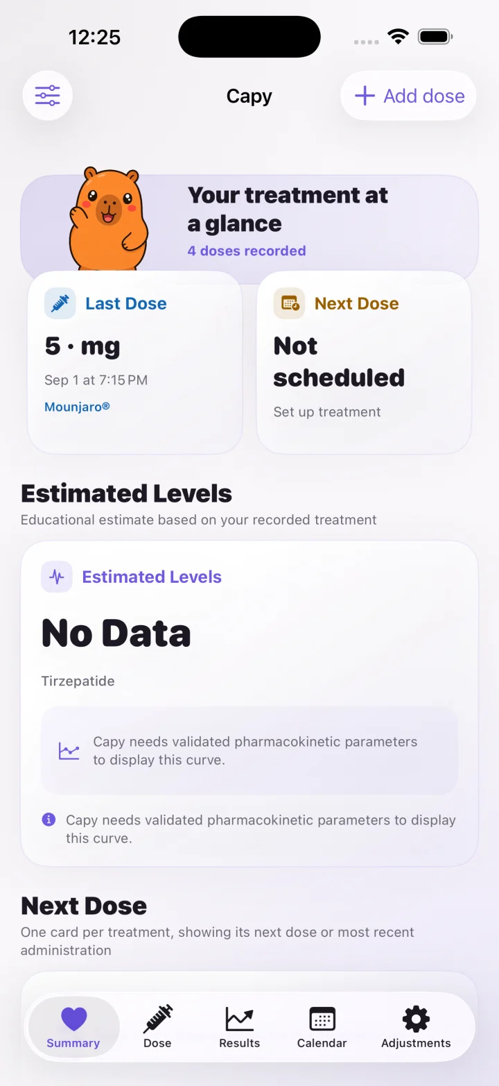 Real Capydose app summary capture with demonstration records